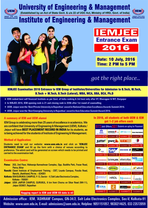 IEMJEE Examination for admissions to University of Engineering & Management (UEM), Jaipur | Kolkata:-