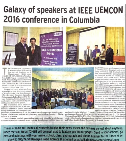 The coverage of IEEE UEMCON organized by the University of Engineering & Management at the Columbia University, New York in association with IEEE USA, IEEE New York, IEEE Region 5 in "The Times of India", Saturday, 19th November, 2016.