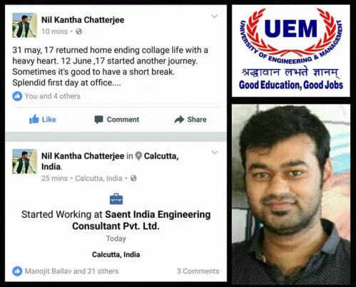 Nil Kantha Chatterjee, 2017 passout student of UEM, Jaipur shared his experience after joining Saent India Limited