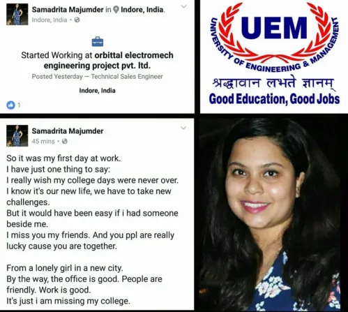 Samadrita Majumder, a brilliant 2017 passout student of the UEM, Jaipur got job in the reputed Orbittal Electromech Project Pvt. Ltd.