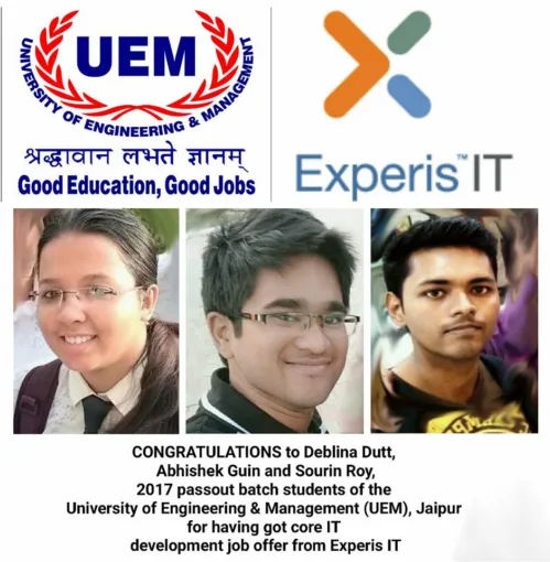 BIG CONGRATULATIONS to Deblina Dutt, Abhishek Guin and Sourin Roy, 2017 passout batch student of the UEM, Jaipur for getting core IT development job offer from Experis IT