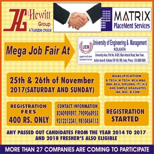 Mega Job Fair at UEM, Kolkata on 25th & 26th November 2017.