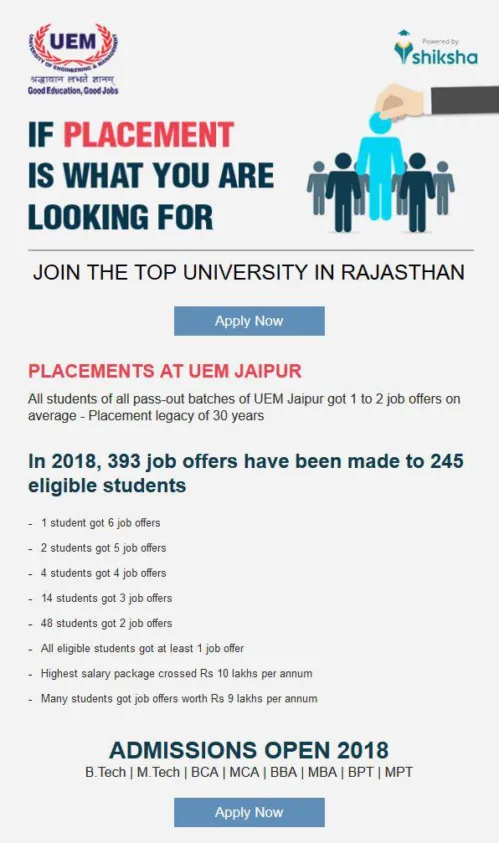 PLACEMENTS at University of Engineering & Management (UEM), Jaipur