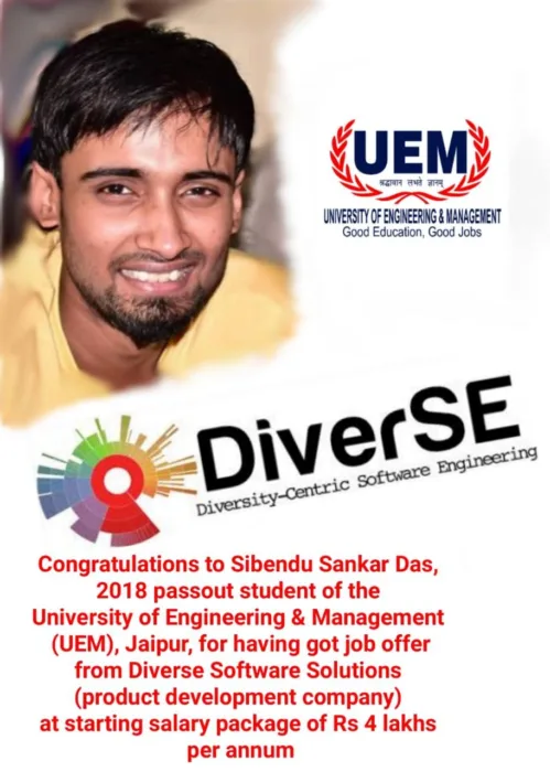 2018 passout batch student of UEM Jaipur, Mr. Sibendu Sankar Das got job offer from Diverse Software Solutions at a starting salary package of Rs. 4 lakhs per annum
