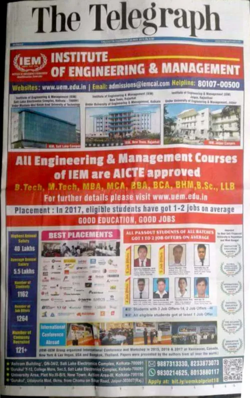 UEM-IEM featuring in the 1st page of The Telegraph, the leading newspaper of West Bengal.