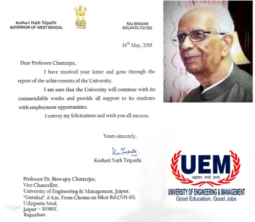 UEM Jaipur received letter of appreciation fromHon'ble Governor of West Bengal