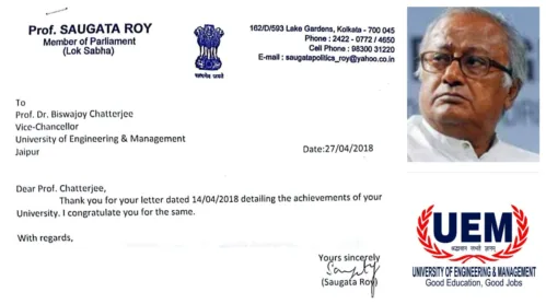 UEM Jaipur received letter of appreciation fromProf. Saugata Roy, Member of Parliament, Lok Sabha