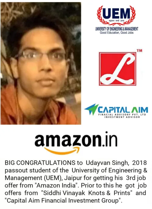 Udayvan Singh, 2018 passout student of UEM Jaipur got job offer from Amazon India