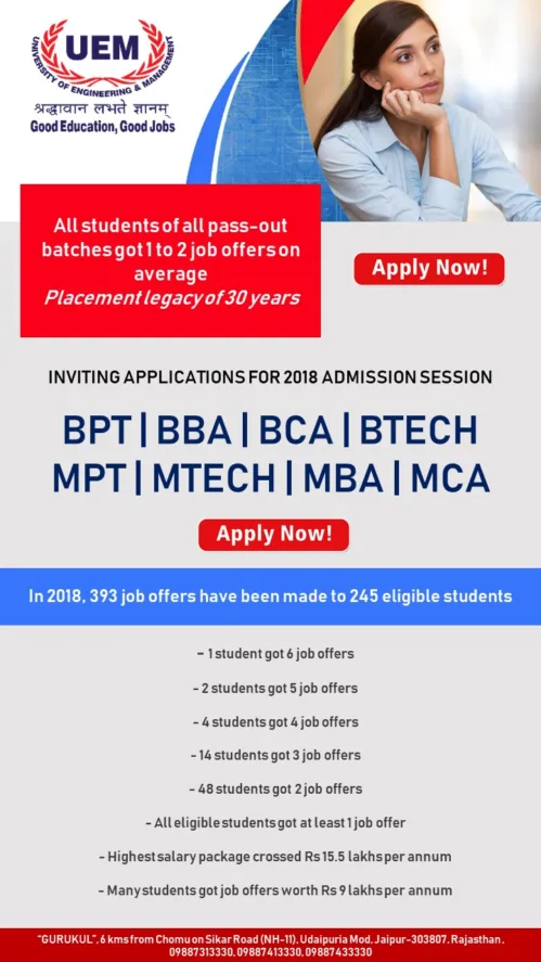 BPT | B.Tech | BBA | BCA | MPT | M.Tech | MBA | MCA courses at UEM Jaipur