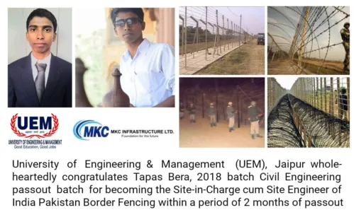 Tapas Bera, 2018 Civil Engineering passout student of UEM Jaipur has been promoted through his company MKC Infrastructure Ltd, as the Site-in-Charge cum Site Engineer of India Pakistan Border Fencing