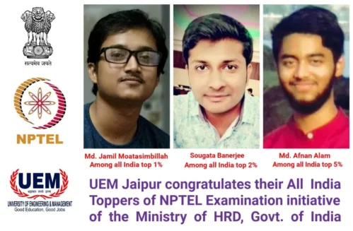 3 students of UEM Jaipur became All India Toppers in NPTEL examination initiative, Ministry of HRD, Govt. of India