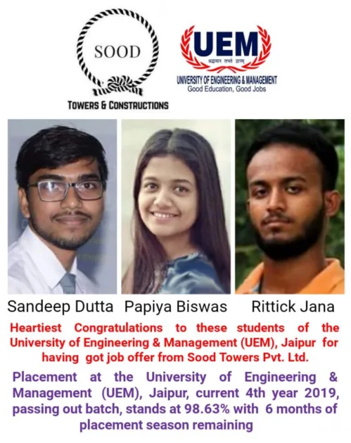 Students of UEM Jaipur got job offer from Sood Towers & Constructions Pvt. Ltd.