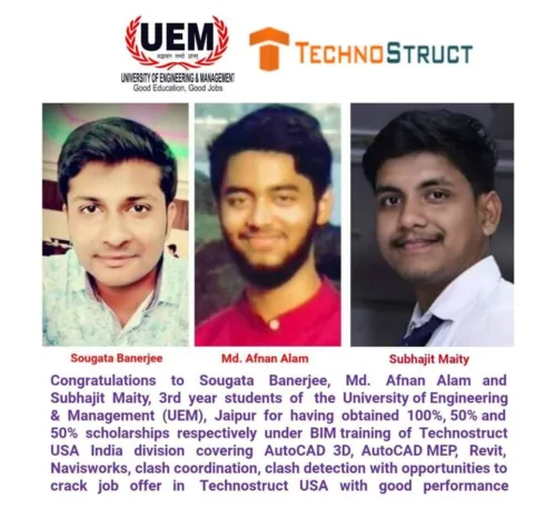 3 students of UEM Jaipur have obtained scholarships under BIM Training from Technostruct USA India division
