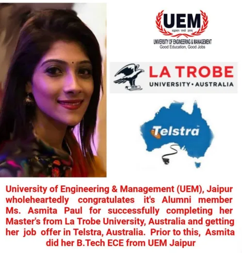 Achievement of Ms. Asmita Paul, alumnus of UEM Jaipur