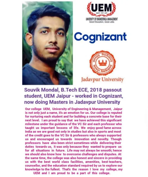 Words from UEM Jaipur alumnus, Mr. Souvik Mondal