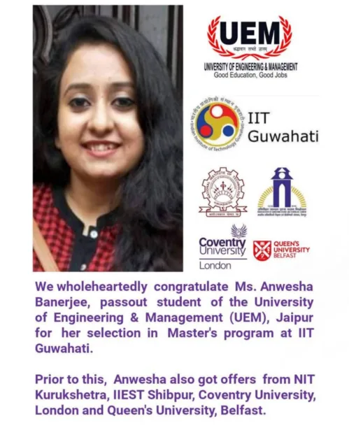 Ms. Anwesha Banerjee, 2018 passout student of UEM Jaipur got selected at IIT Guwahati for Master’s Program
