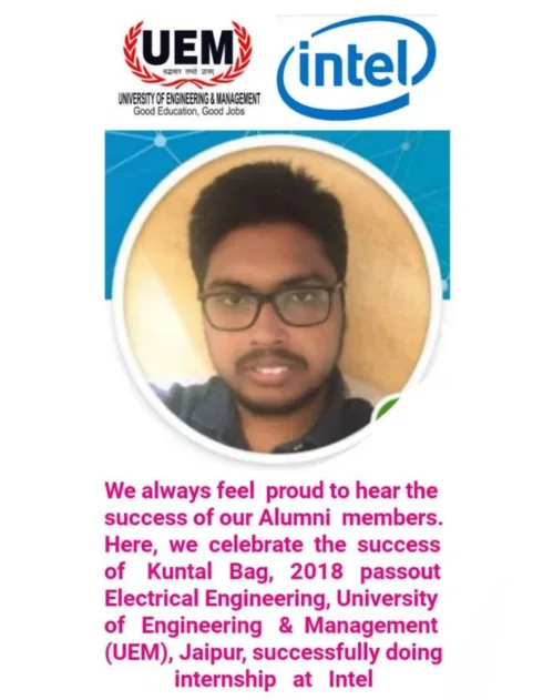 Kuntal Bag, 2018 passout batch of UEM Jaipur is successfully doing internship at Intel