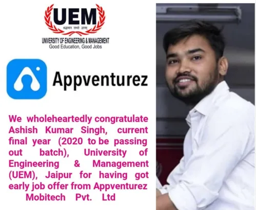 Ashish Kumar Singh, current final year student got early job offer from Appventurez Mobitech Pvt. Ltd.