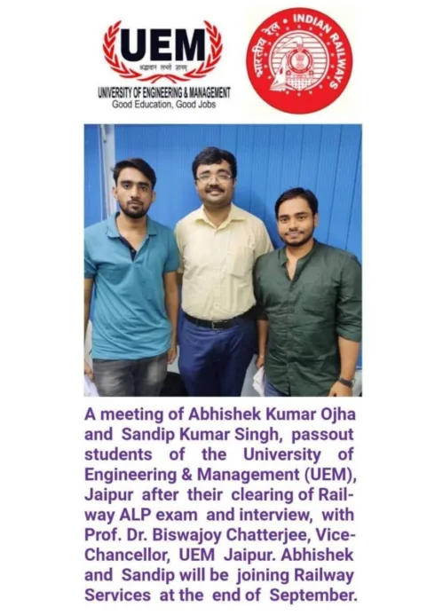 Reunion of Abhishek Kumar Ojha and Sandip Kumar Singh, passout students of UEM Jaipur after their clearing of Railway ALP exam and interview