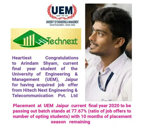 Arindam Shyam, current final year student of the UEM Jaipur got job offer from Hitech Next Engineering & Telecommunication Pvt. Ltd