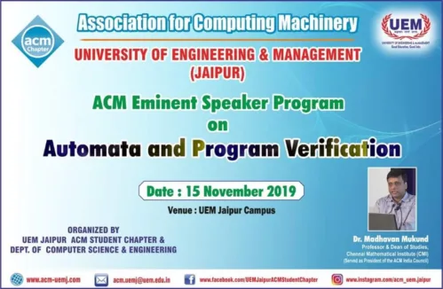Eminent Speaker Program by Dr. Madhavan Mukund, Professor and Dean of Studies, Chennai Mathematical Institute, at the UEM Jaipur