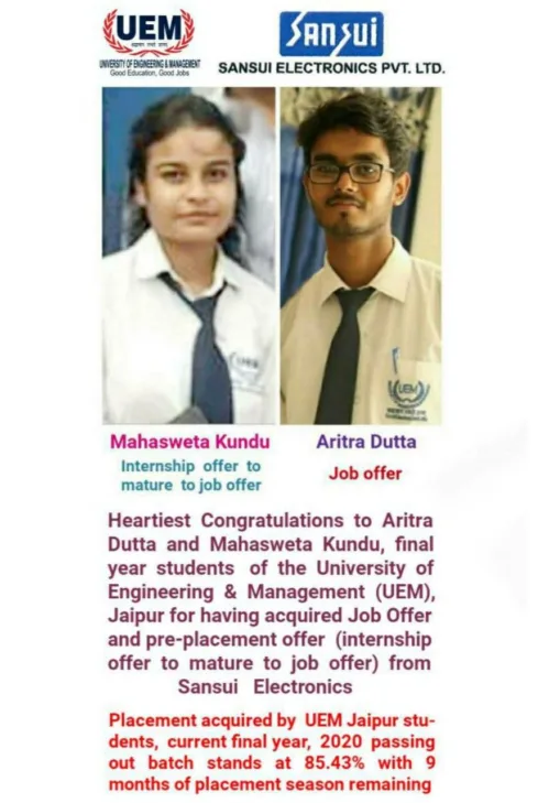 Core Job and Internship Offer of UEM Jaipur students Aritra Dutta and Mahasweta Kundu