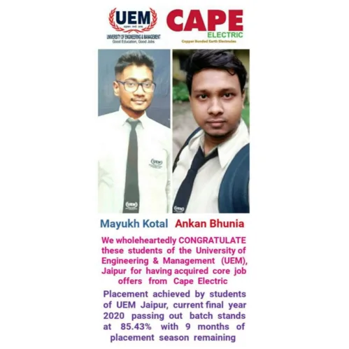 Mayukh Kotal and Ankan Bhunia, students of UEM Jaipur acquired core job offers from Cape Electric Ltd.