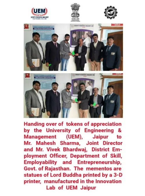 Handing over of tokens of appreciation by Mr. Shopan Dey, Eminent Research Scholar, UEM Jaipur to Mr. Mahesh Sharma, Joint Director and Mr. Vivek Bhardwaj, District Employment Officer, Department of Skill, Employability and Entrepreneurship, Govt. of Rajasthan