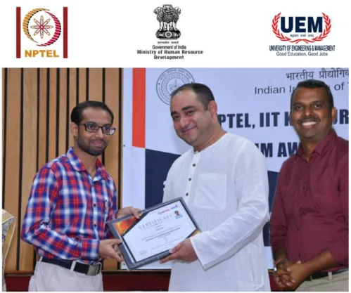 Prof. Sandip Das, UEM Jaipur received the award on behalf of the students and teachers of the University for outstanding performance in NPTEL exams, under SWAYAM initiative, Ministry of HRD, Govt. of India