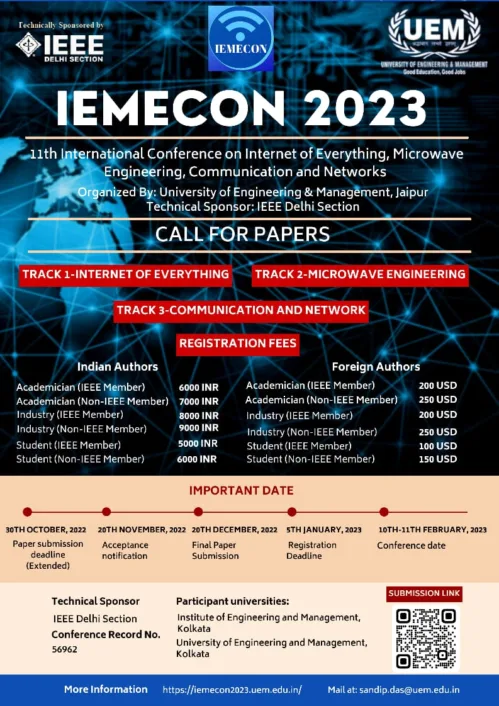 11th International Conference on Internet of Everything, Microwave Engineering, Communication and Networks (IEMECON 2023) being organized by the University of Engineering & Management (UEM), JAIPUR.