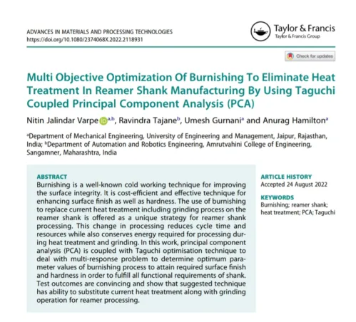 Research paper on topic Multi Objective Optimization of Burnishing To Eliminate Heat Treatment In Reamer Shank Manufacturing By Using Taguchi Coupled Principal Component Analysis (PCA)