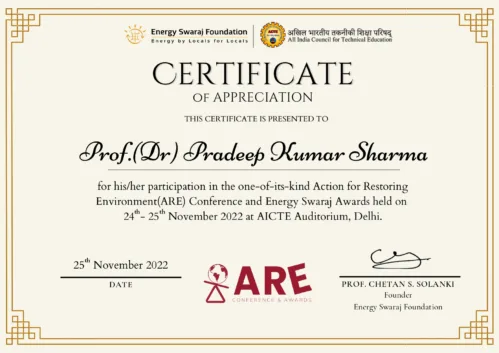 Heartiest Congratulations to Prof. Dr. Pradeep Kumar Sharma, Registrar, University of Engineering & Management (UEM), Jaipur for receiving Certificate of Appreciation, for providing valuable inputs to one-of-its-kind Action for Restoring Environment(ARE) Conference