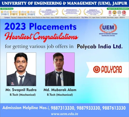Heartiest Congratulations Swapnil Rudra - B.Tech (Mechanical), Md. Mubarak Alam - B.Tech (Mechanical), students of the University of Engineering & Management (),  for having acquired job offer in Polycab India Ltd.        .