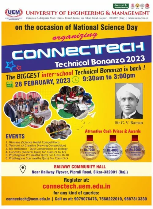 University of Engineering & Management (UEM) is organizing the largest Inter-school Technical Bonanza on 28th February 2023 at Railway Community Hall, Near Railway Flyover, Piprali Road, Sikar-332001 (Raj.)