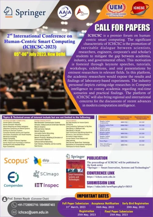 2nd International Conference on Human-Centric Smart Computing (ICHCSC 2023) being organized by the University of Engineering & Management (UEM). JAIPUR.
