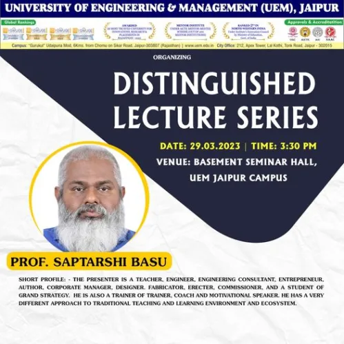 Prof. Saptarshi Basu visited the Innovation lab of UEM Jaipur today and interacted with Mr. Shopan Dey, Mr. Afaq Ahmed and Mr. Sougata Banerjee. He was very much impressed by the quality of the innovative projects and suggested few points for further improvements and connecting with industries.