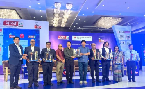 "UNIVERSITY 0F ENGINEERING & MANAGEMENT, (UEM), JAIPUR" has been awarded as “University with Best International Placements in Rajasthan” for the outstanding placements and industry connect and contribution to the Education sector, from the hands of Shri B D Kalla, Minister for Higher Education in Rajasthan and Shri Subhash Garg, Minister for Technical Education in Rajasthan in THE EDUCATION CONCLAVE 2023, at Hotel Marriott, Jaipur, organized by First India News in association with Bharat 24 on 7th April 2023.