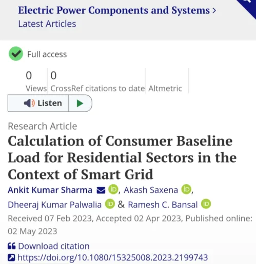 Next work of Prof. Dr. Ankit Kumar Sharma, University of Engineering & Management (UEM), JAIPUR is published in Electric Power Components and Systems (SCI and Scopus).