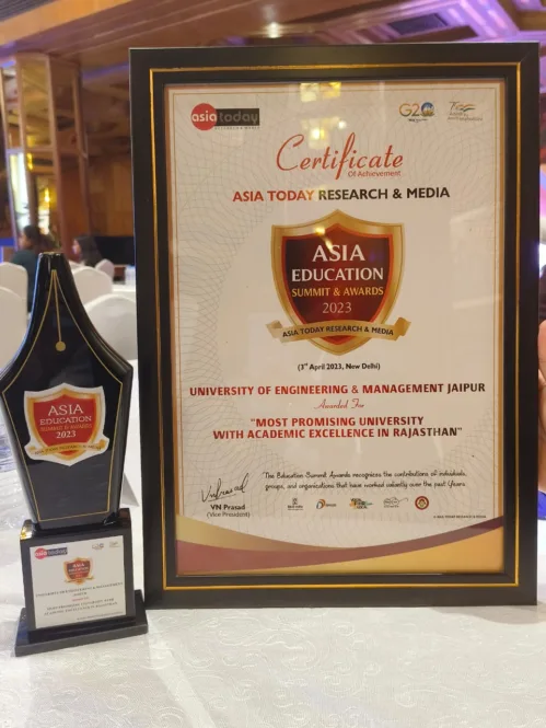 UNIVERSITY OF ENGINEERING & MANAGEMENT (UEM), JAIPUR has been awarded with the “Most Promising University With Academic Excellence in Rajasthan” Award for outstanding services and contribution to the Education sector, in the ASIA EDUCATION SUMMIT, 2023, at Hotel The Ashok New Delhi in association with Asia Today Research & Media Partner & coverage in leading newspapers, on 3rd April 2023.