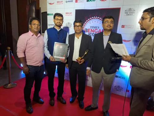 Vice-Chancellor of UEM JAIPUR (Prof. Dr. Biswajoy Chatterjee) with his colleagues Mr. Sankar Sing - Senior Manager: Corporate Relations, Prof. Sayak Pramanik - HoD: Centre for Emerging Studies, Mr. Raja Sarkar - Senior Manager: Corporate Relations, UEM JAIPUR after receiving award for outstanding institute from The Times Group (The Times of India).