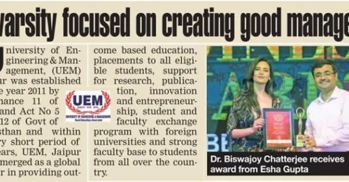 An article published in today's edition (24th May, 2023) of "Times of India" newspaper, where Vice-Chancellor, University of Engineering & Management (UEM), JAIPUR, Prof. Dr.Biswajoy Chatterjee is receiving the Times Business Award for the Best University.