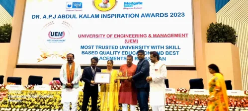 On 23rd June, 2023 “UNIVERSITY 0F ENGINEERING & MANAGEMENT (UEM), JAIPUR, IEM-UEM Group” has been awarded as the “MOST TRUSTED UNIVERSITY WITH SKILL BASED QUALITY EDUCATION AND BEST PLACEMENTS IN RAJASTHAN”, at Vigyan Bhawan, New Delhi during Dr. A.P.J ABDUL KALAM INSPIRATION AWARDS organized by Top-notch foundations in association with India News as Media Partner and Medgate and Outlook as Magazine Partner.