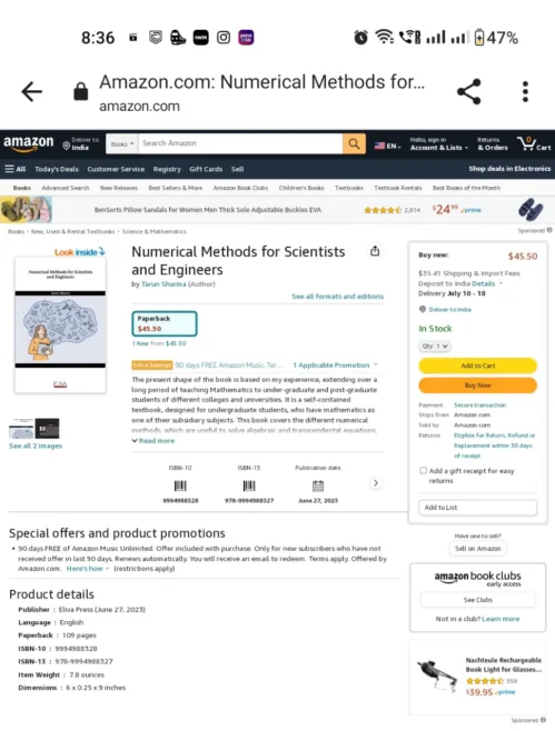 Next book of Prof. Dr. Tarun Sharma, University of Engineering & Management (UEM), JAIPUR titled “Numerical Methods for Scientists and Engineers (ISBN : 999-4988328)” has been published by Eliva Press Publication (Republic of Moldova , Europe). This book is useful for UG & PG students and equally important for state and national level service examinations. It is available in Amazon.