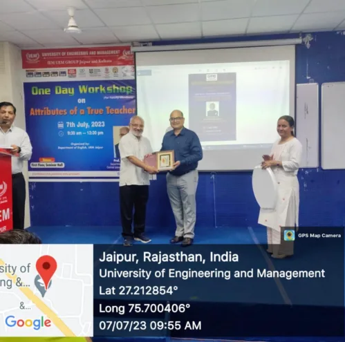 A One-Day Workshop on Attributes of a True Teacher conducted for faculty Members at University of Engineering & Management (UEM), JAIPUR.