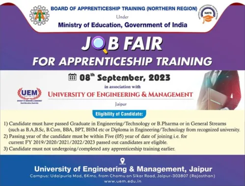 Only few days to go for one of the biggest Placements (Job) opportunity of the country JOB FAIR FOR APPRENTICESHIP TRAINING 2023 (रोजगार शिविर) at Jaipur in association with Board of Apprenticeship Training (Northern Region), Ministry of Education, Government of India