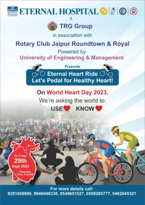 This World Heart Day, Eternal Hospital, powered by the University of Engineering & Management (UEM), JAIPUR, with Rotary Club Jaipur Roundtown & Royal, along with TRG Group, brings you an exciting Cyclothon to promote heart health and awareness.