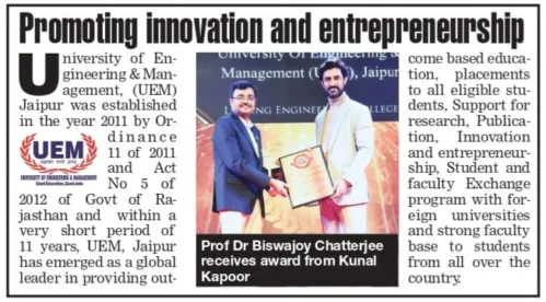 University of Engineering & Management (UEM), JAIPUR received the Times Icon Award from The Times of India, as the Leading Engineering College.