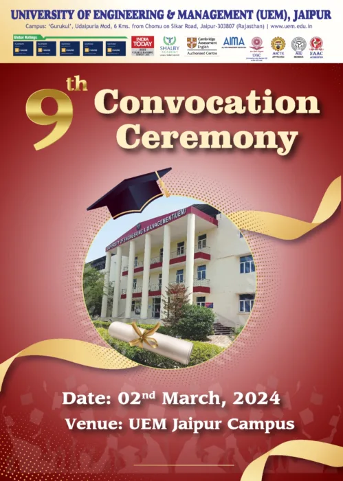 We feel so happy to announce and invite our dear students of UEM JAIPUR 2023 pass out batch for their 9th Convocation Ceremony at the University premises.