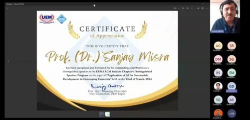 The UEM Jaipur ACM Student Chapter successfully organized a Distinguished Speaker Program on the "Application of AI for Sustainable Development in Developing Countries."