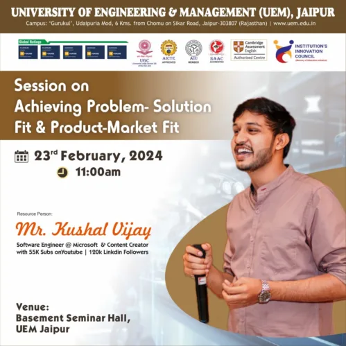 The event "Achieving Problem-Solution Fit & Product Market Fit" organized by The Speech Society at the University of Engineering and Management, Jaipur, in association of IIC on 23rd February 2024.
